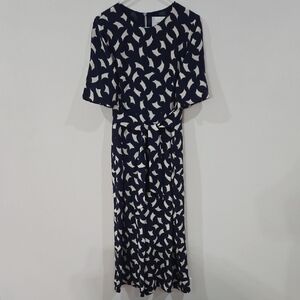 LK Bennett Sz 8 Navy and White Patterned Tie Jumpsuit